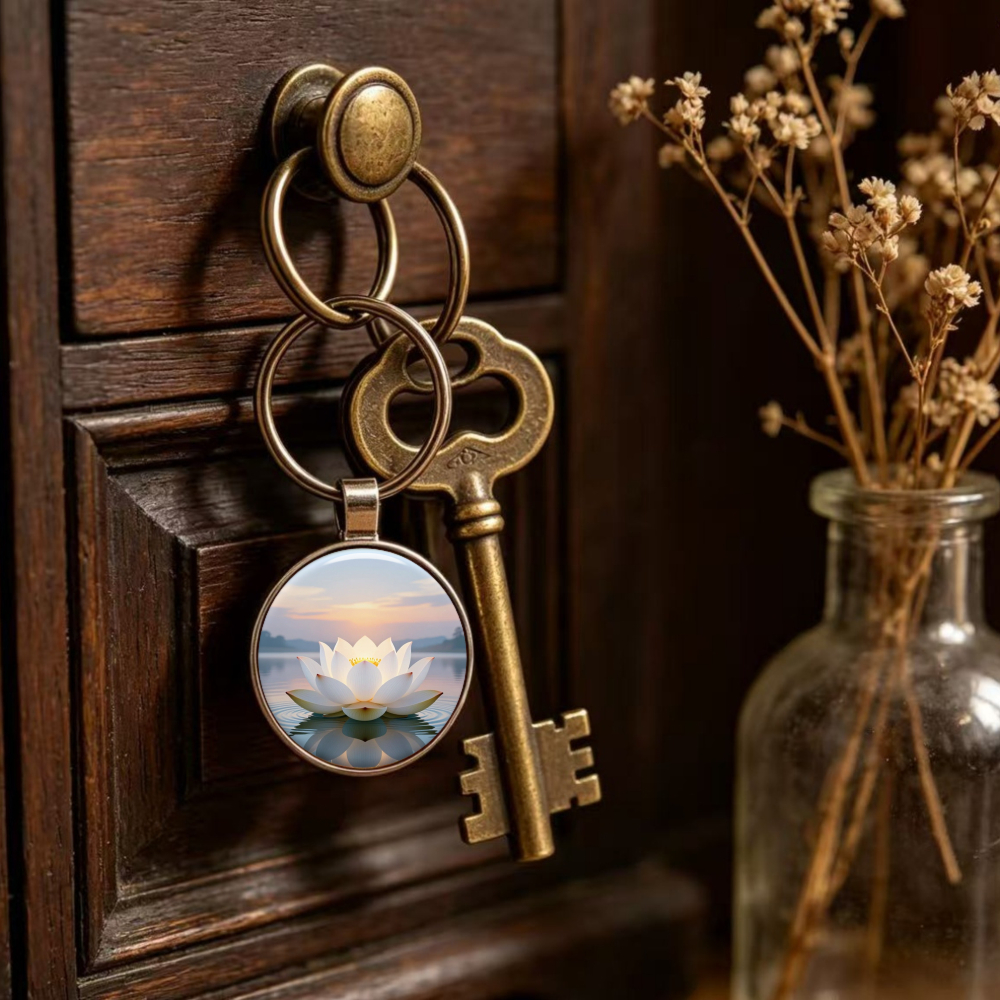 Fashionable Alloy Keychain with Lotus on Water at Sunset